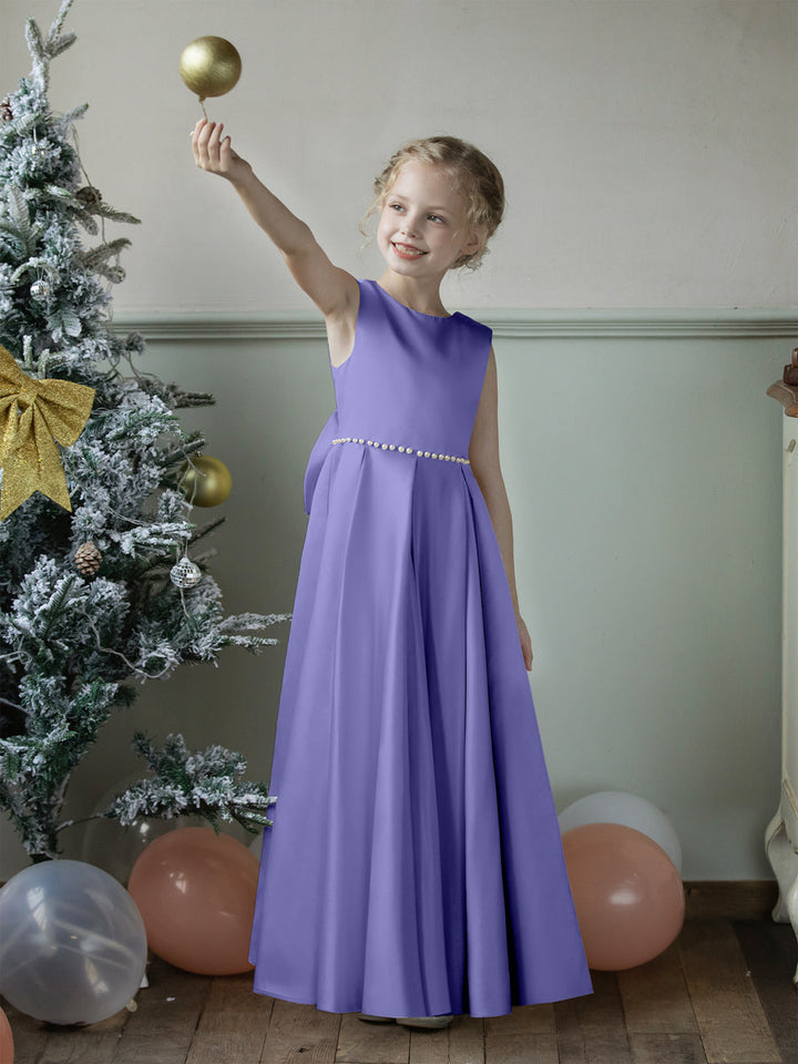 Crew Neck Satin Flower Girl Dresses with Pearls &amp; Bowknot