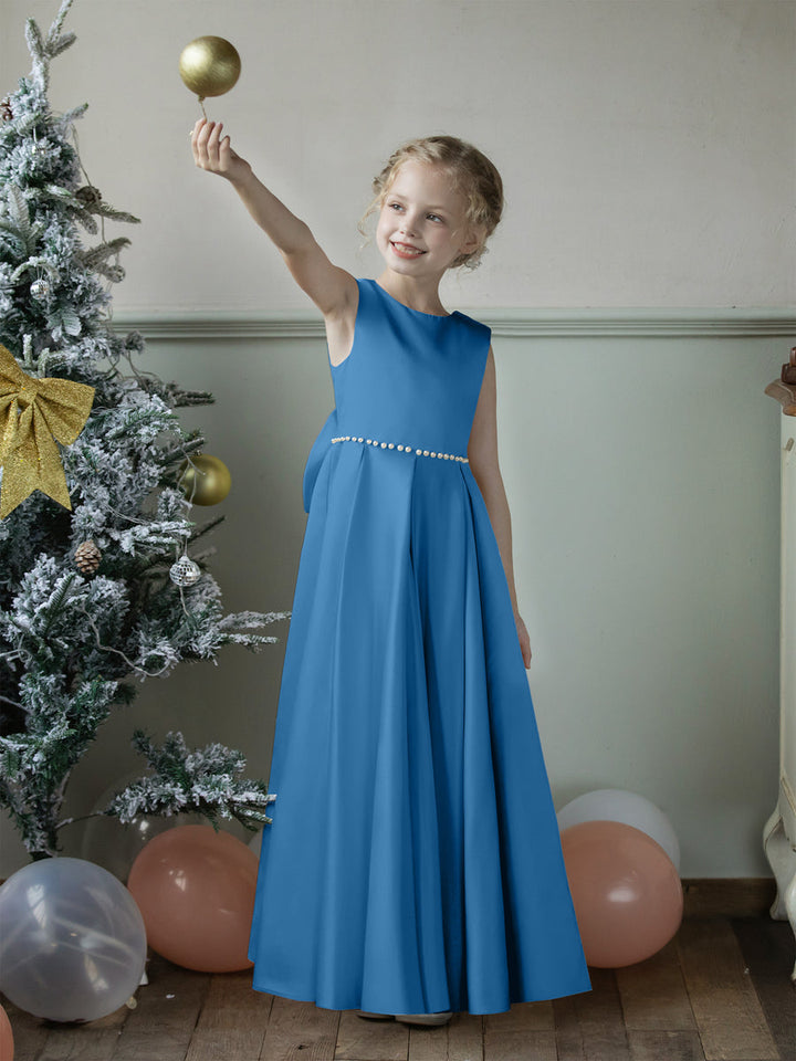 Crew Neck Satin Flower Girl Dresses with Pearls &amp; Bowknot