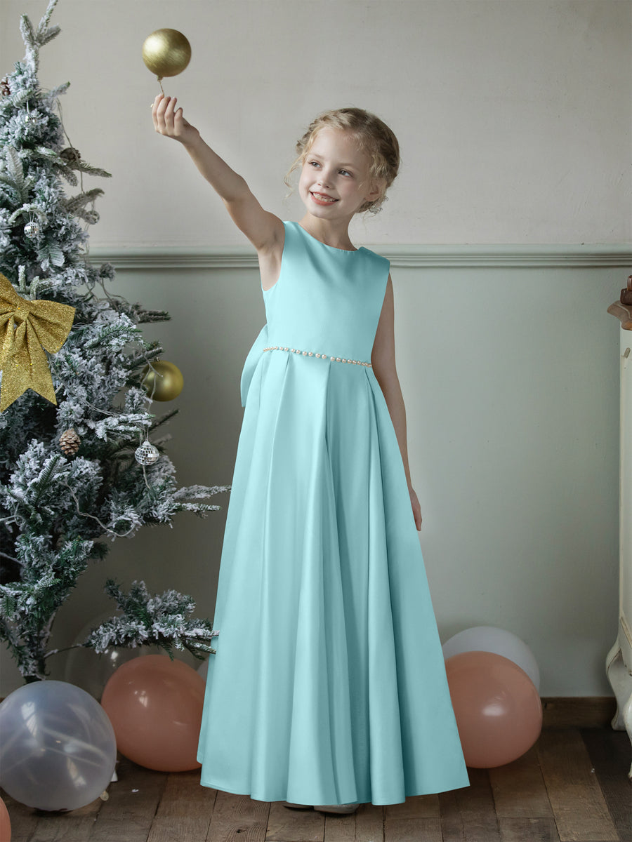 Crew Neck Satin Flower Girl Dresses with Pearls &amp; Bowknot