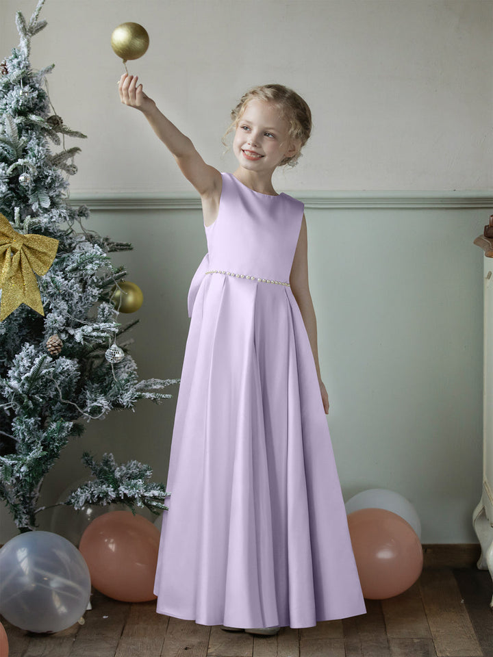 Crew Neck Satin Flower Girl Dresses with Pearls &amp; Bowknot