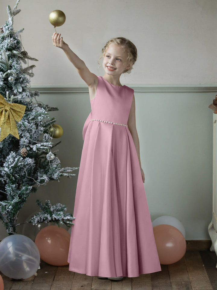 Crew Neck Satin Flower Girl Dresses with Pearls &amp; Bowknot
