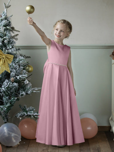 Crew Neck Satin Flower Girl Dresses with Pearls & Bowknot