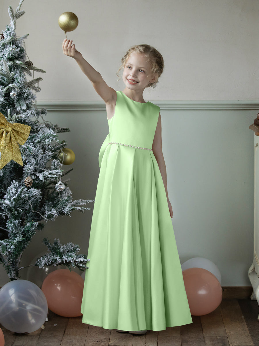Crew Neck Satin Flower Girl Dresses with Pearls &amp; Bowknot