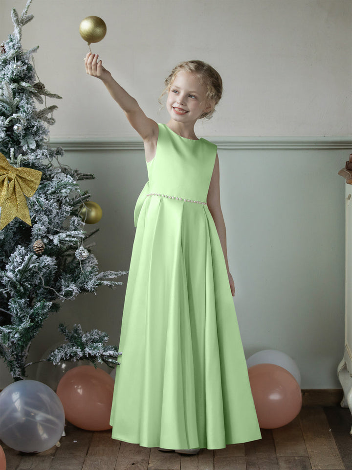 Crew Neck Satin Flower Girl Dresses with Pearls &amp; Bowknot