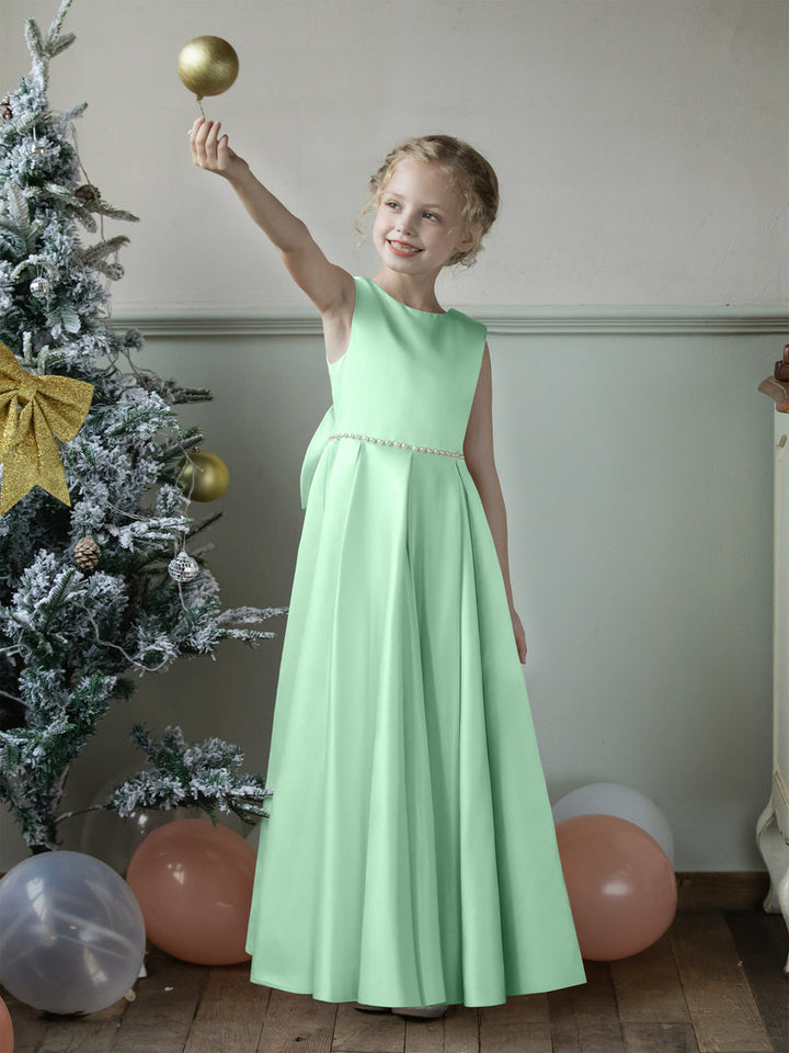 Crew Neck Satin Flower Girl Dresses with Pearls &amp; Bowknot