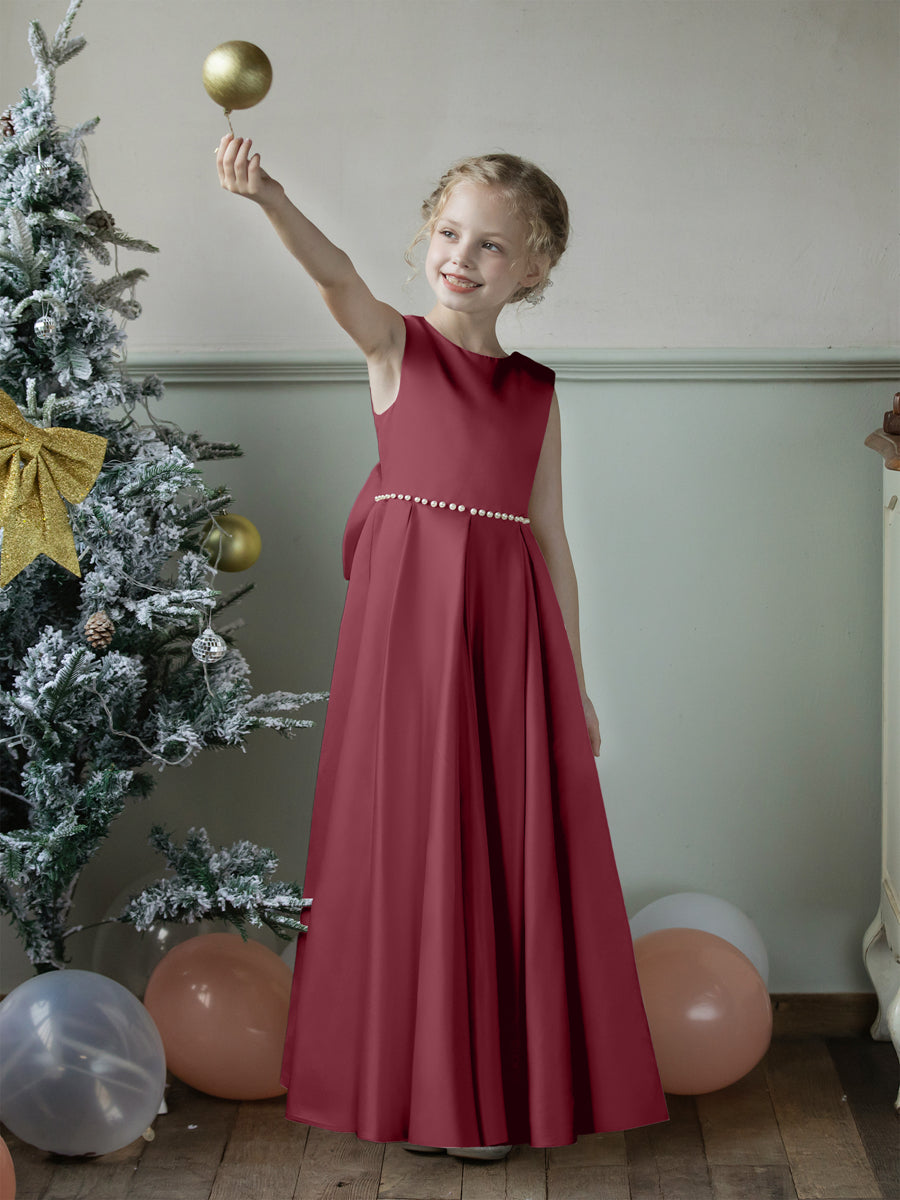 Crew Neck Satin Flower Girl Dresses with Pearls &amp; Bowknot