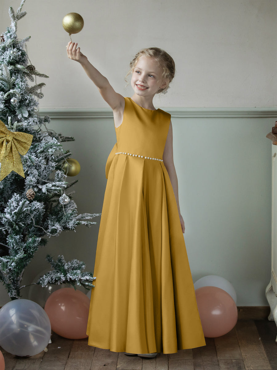 Crew Neck Satin Flower Girl Dresses with Pearls &amp; Bowknot