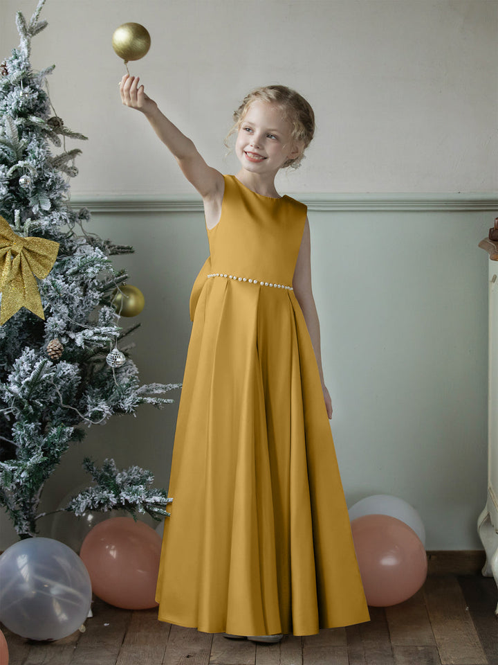 Crew Neck Satin Flower Girl Dresses with Pearls &amp; Bowknot