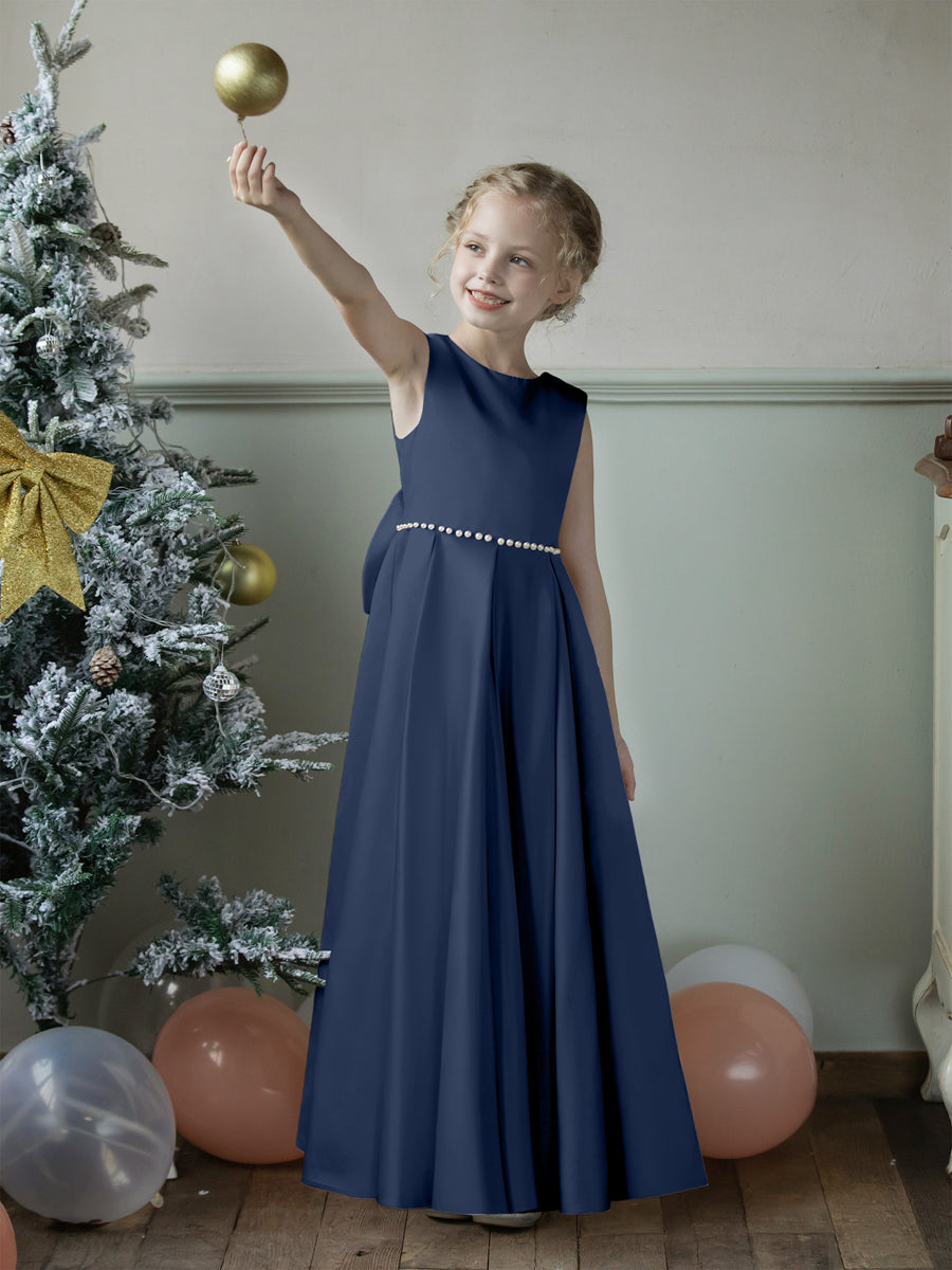 Crew Neck Satin Flower Girl Dresses with Pearls &amp; Bowknot