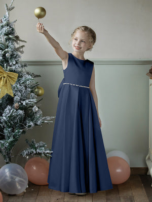 Crew Neck Satin Flower Girl Dresses with Pearls & Bowknot