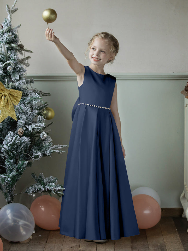 Crew Neck Satin Flower Girl Dresses with Pearls &amp; Bowknot
