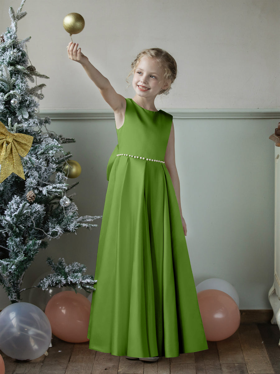 Crew Neck Satin Flower Girl Dresses with Pearls &amp; Bowknot