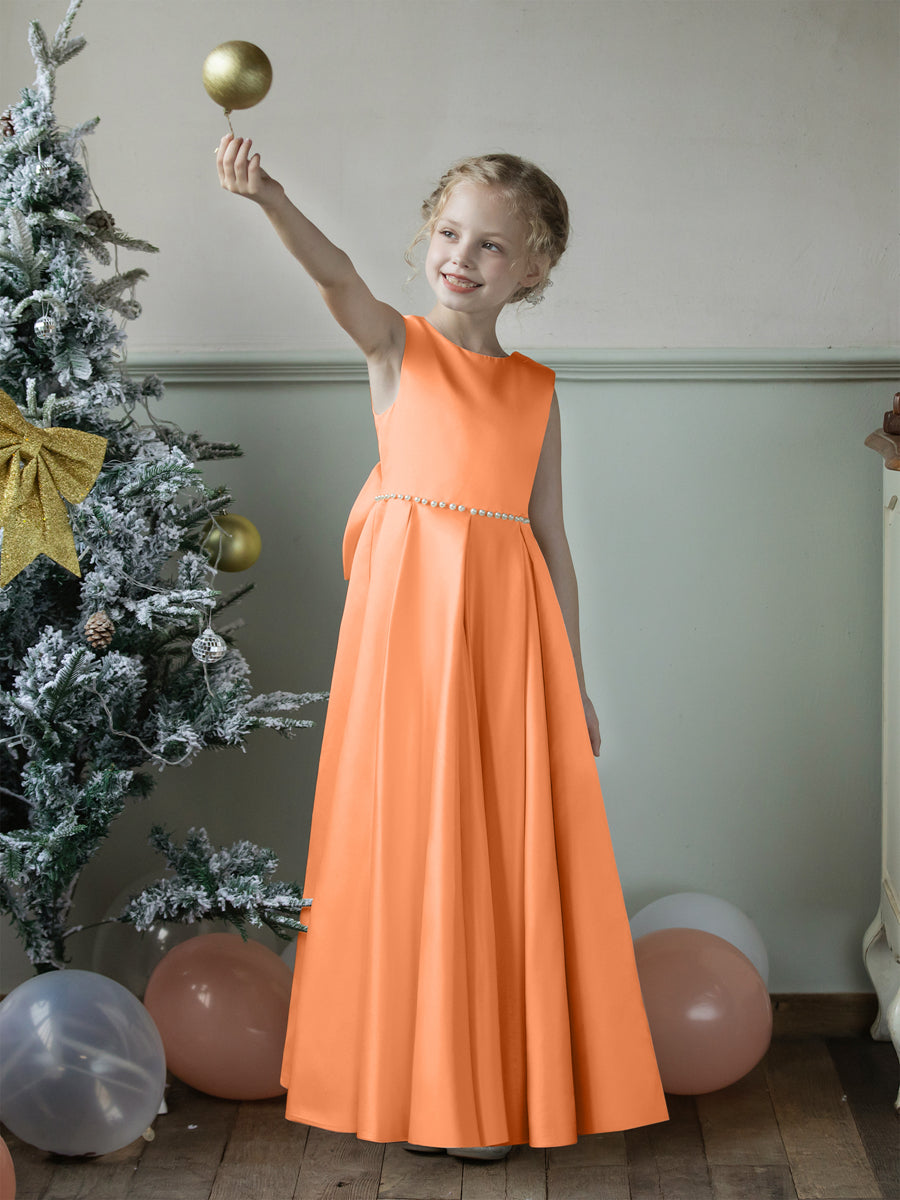 Crew Neck Satin Flower Girl Dresses with Pearls &amp; Bowknot