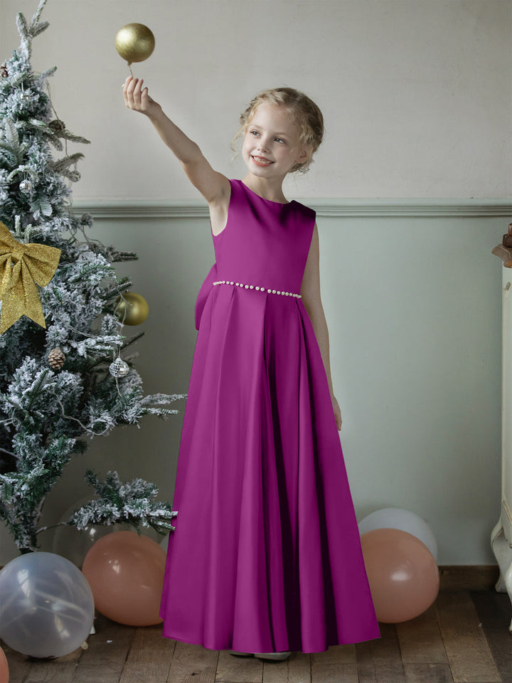 Crew Neck Satin Flower Girl Dresses with Pearls &amp; Bowknot