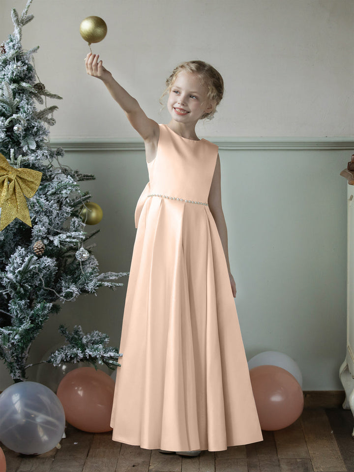 Crew Neck Satin Flower Girl Dresses with Pearls &amp; Bowknot