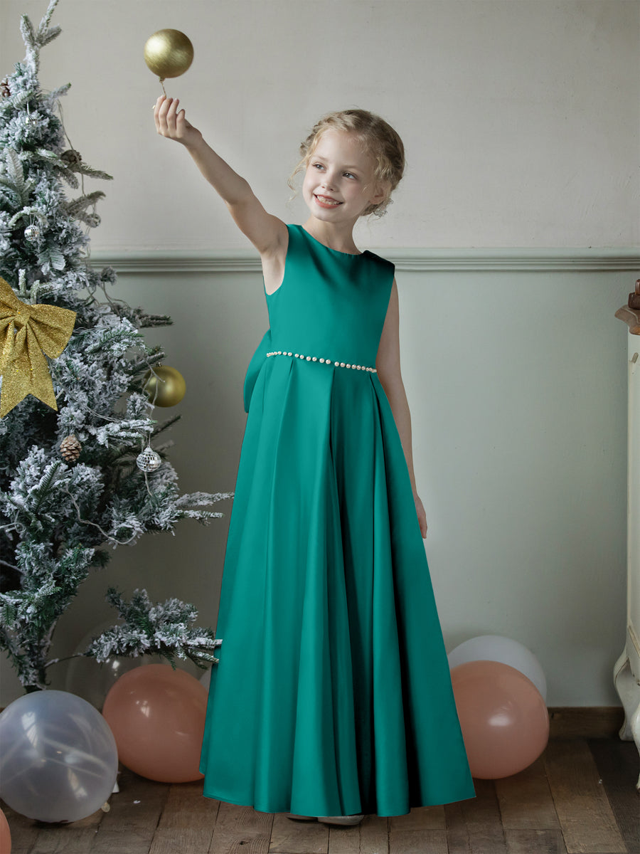 Crew Neck Satin Flower Girl Dresses with Pearls &amp; Bowknot