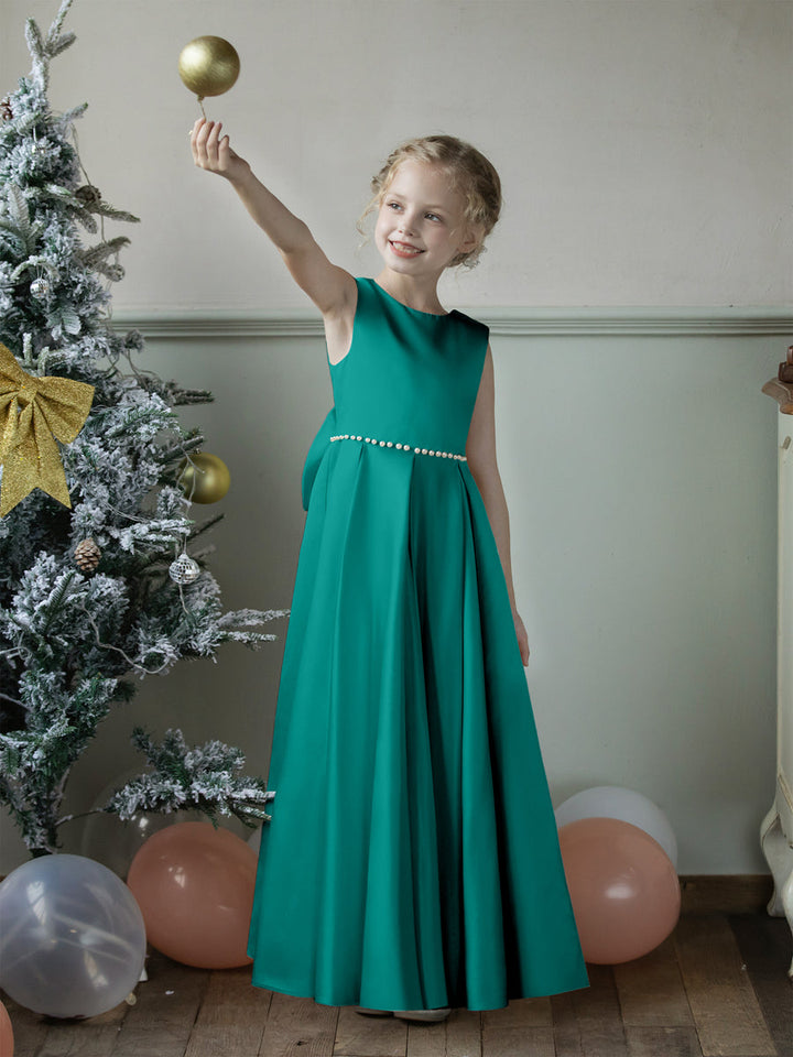 Crew Neck Satin Flower Girl Dresses with Pearls &amp; Bowknot