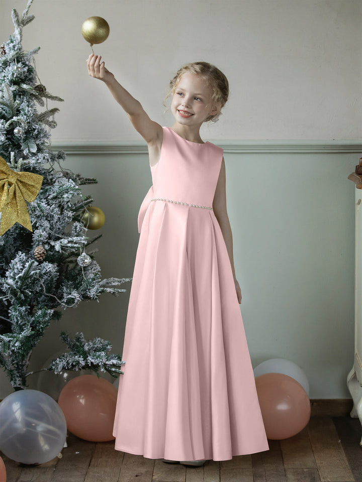 Crew Neck Satin Flower Girl Dresses with Pearls &amp; Bowknot