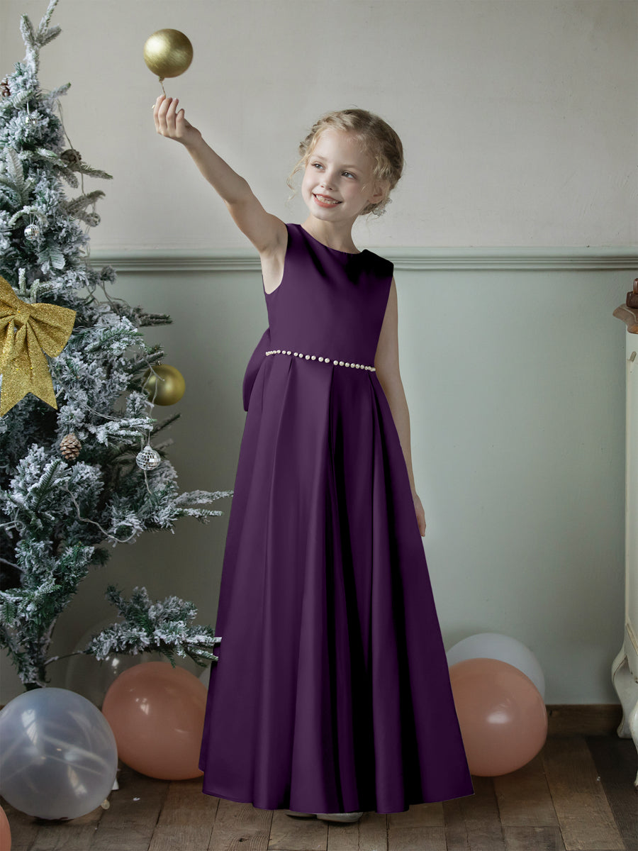 Crew Neck Satin Flower Girl Dresses with Pearls &amp; Bowknot