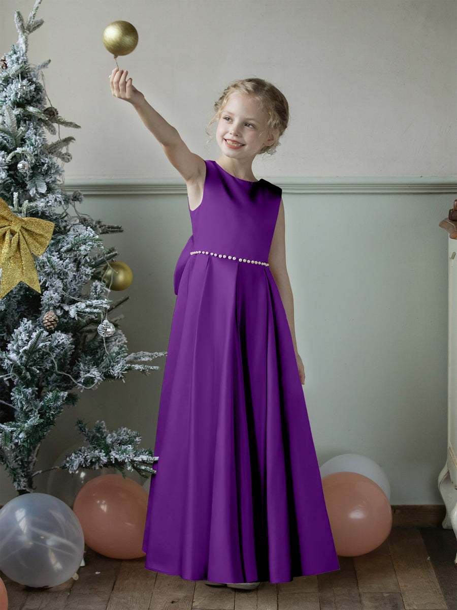 Crew Neck Satin Flower Girl Dresses with Pearls &amp; Bowknot
