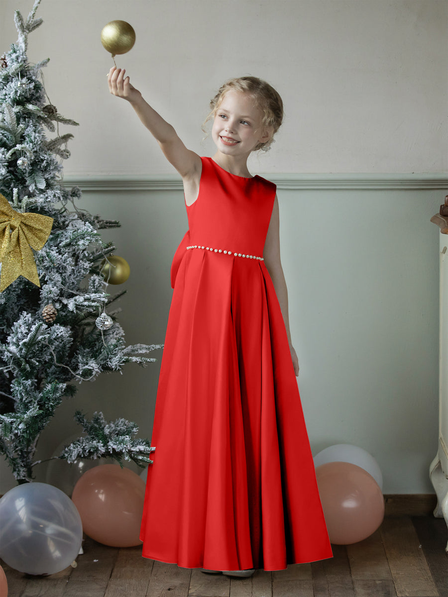 Crew Neck Satin Flower Girl Dresses with Pearls &amp; Bowknot