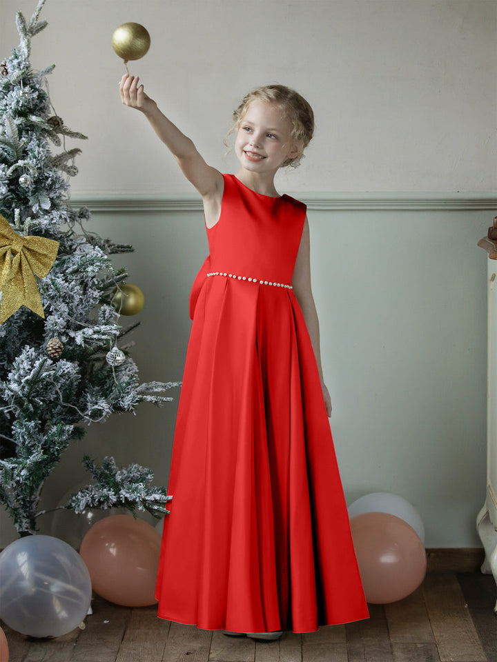 Crew Neck Satin Flower Girl Dresses with Pearls &amp; Bowknot