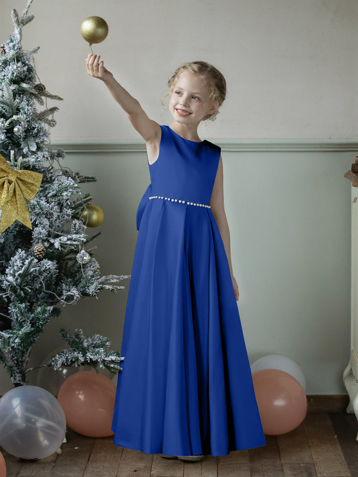 Crew Neck Satin Flower Girl Dresses with Pearls &amp; Bowknot