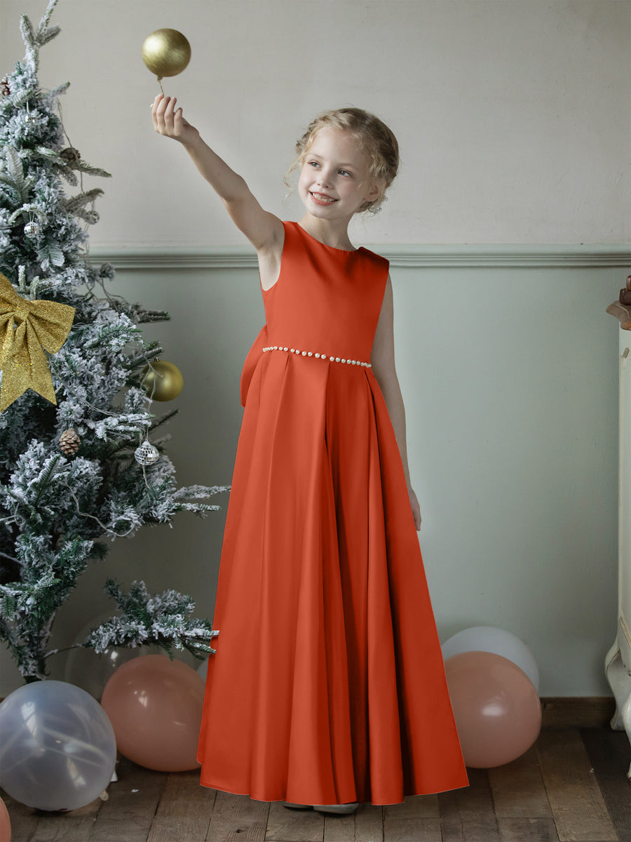 Crew Neck Satin Flower Girl Dresses with Pearls &amp; Bowknot