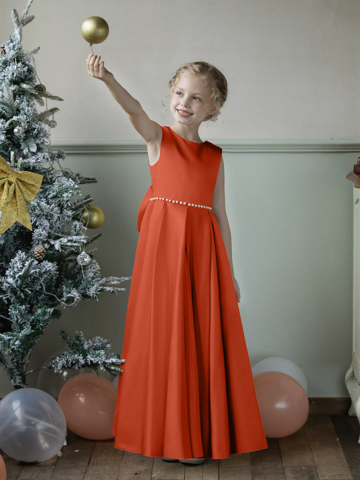 Crew Neck Satin Flower Girl Dresses with Pearls &amp; Bowknot