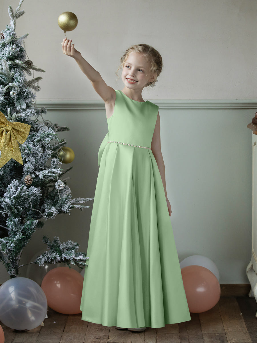 Crew Neck Satin Flower Girl Dresses with Pearls &amp; Bowknot