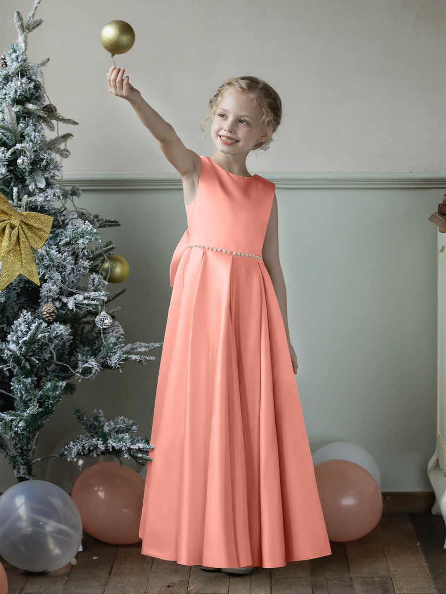 Crew Neck Satin Flower Girl Dresses with Pearls &amp; Bowknot