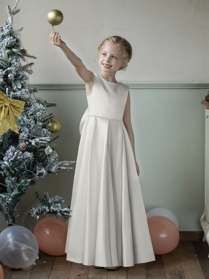 Crew Neck Satin Flower Girl Dresses with Pearls &amp; Bowknot