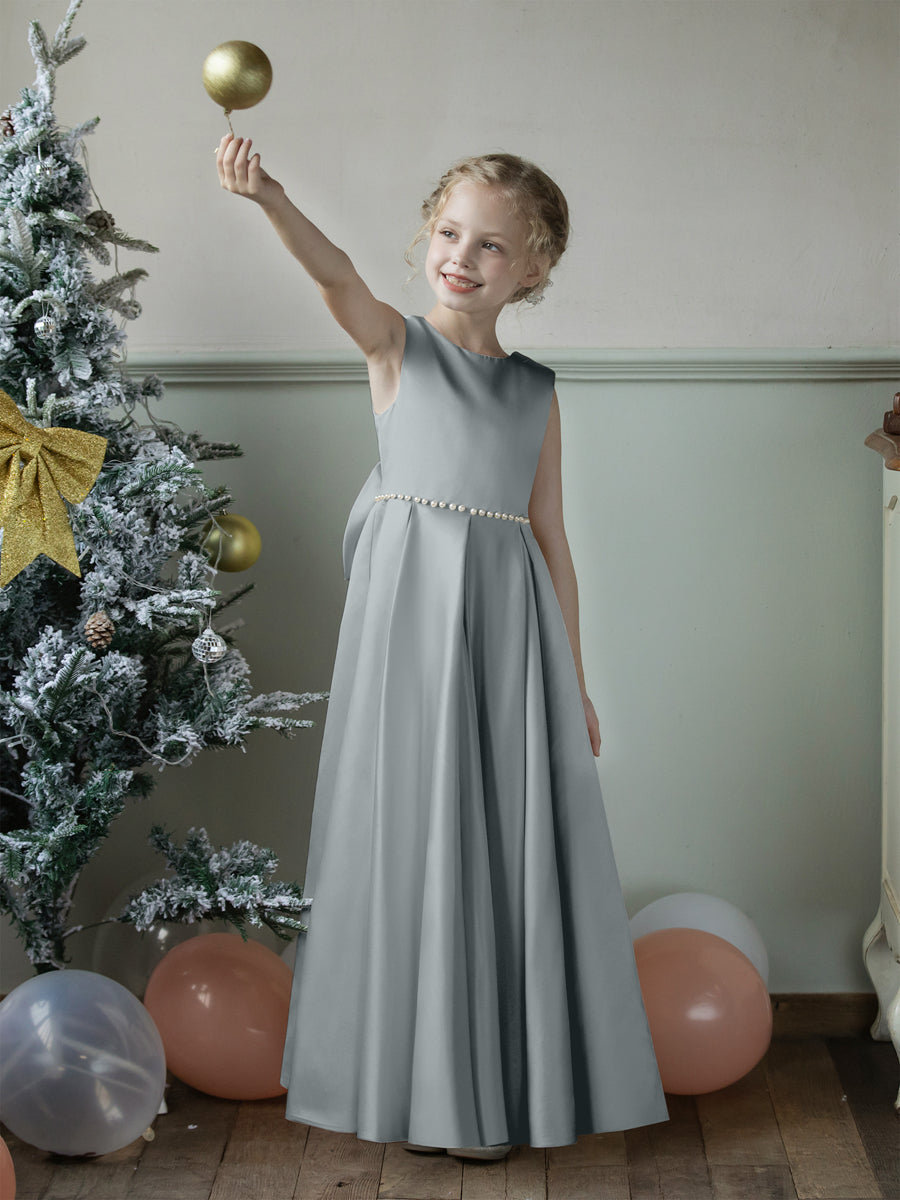 Crew Neck Satin Flower Girl Dresses with Pearls &amp; Bowknot