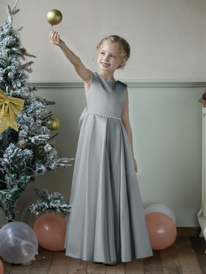 Crew Neck Satin Flower Girl Dresses with Pearls &amp; Bowknot