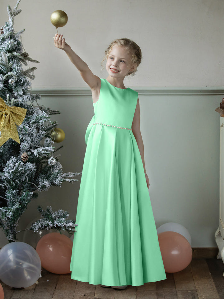 Crew Neck Satin Flower Girl Dresses with Pearls &amp; Bowknot