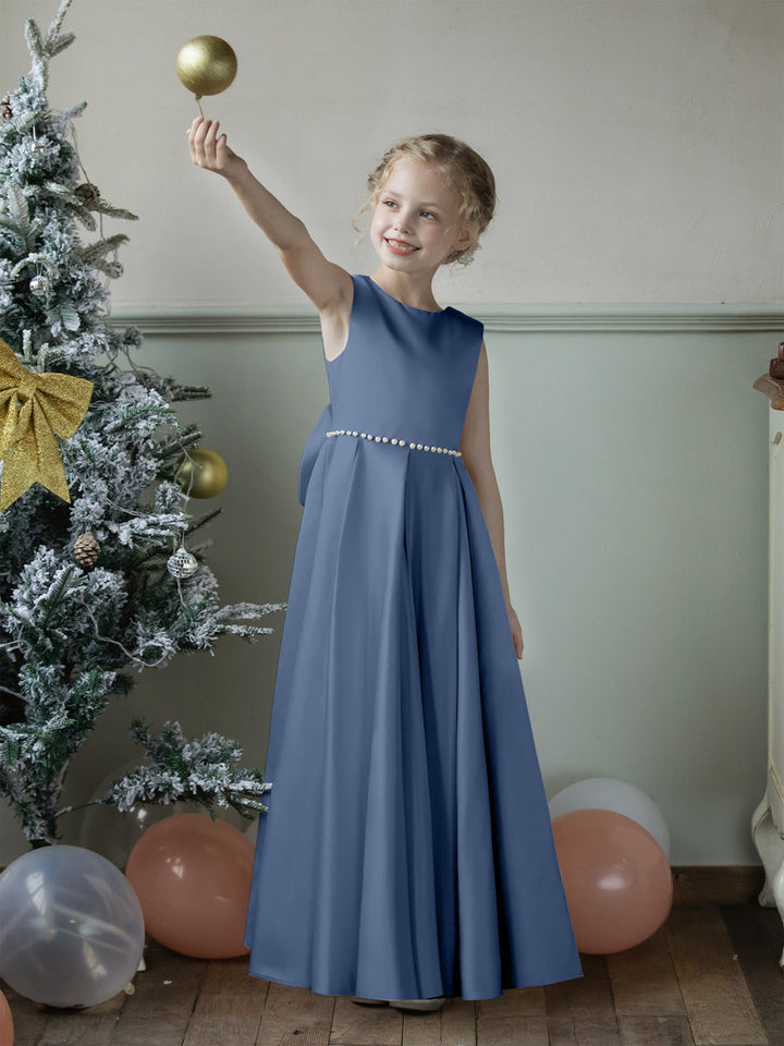 Crew Neck Satin Flower Girl Dresses with Pearls &amp; Bowknot