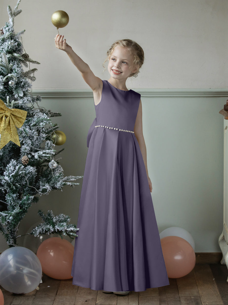 Crew Neck Satin Flower Girl Dresses with Pearls &amp; Bowknot