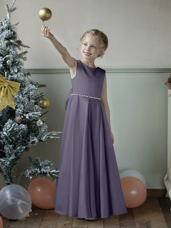 Crew Neck Satin Flower Girl Dresses with Pearls &amp; Bowknot