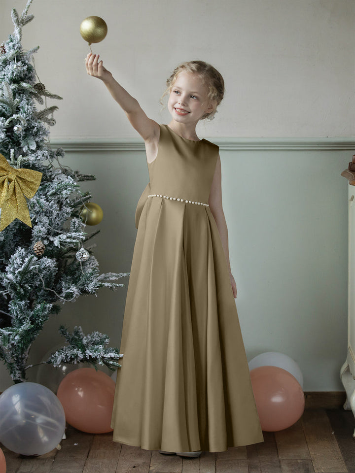 Crew Neck Satin Flower Girl Dresses with Pearls &amp; Bowknot