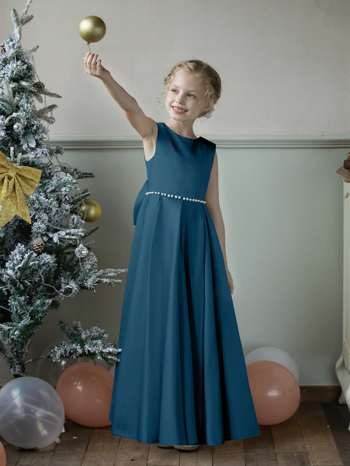 Crew Neck Satin Flower Girl Dresses with Pearls &amp; Bowknot