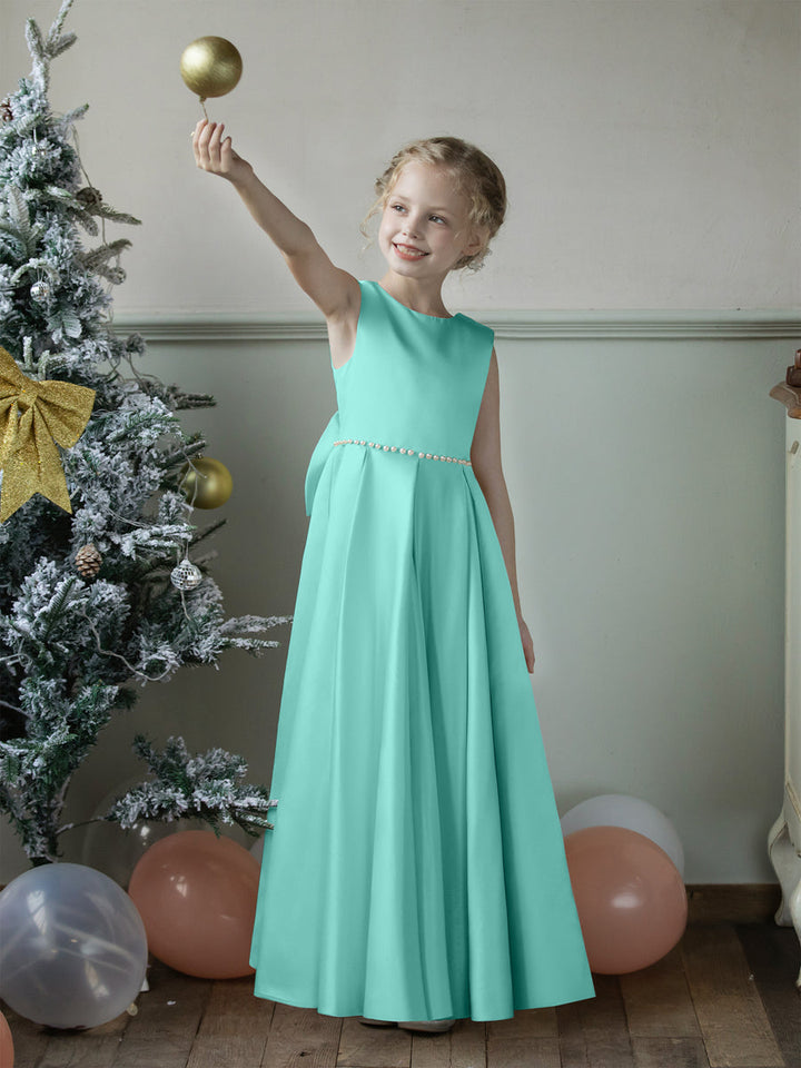 Crew Neck Satin Flower Girl Dresses with Pearls &amp; Bowknot