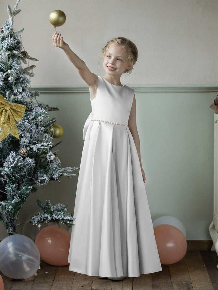 Crew Neck Satin Flower Girl Dresses with Pearls &amp; Bowknot