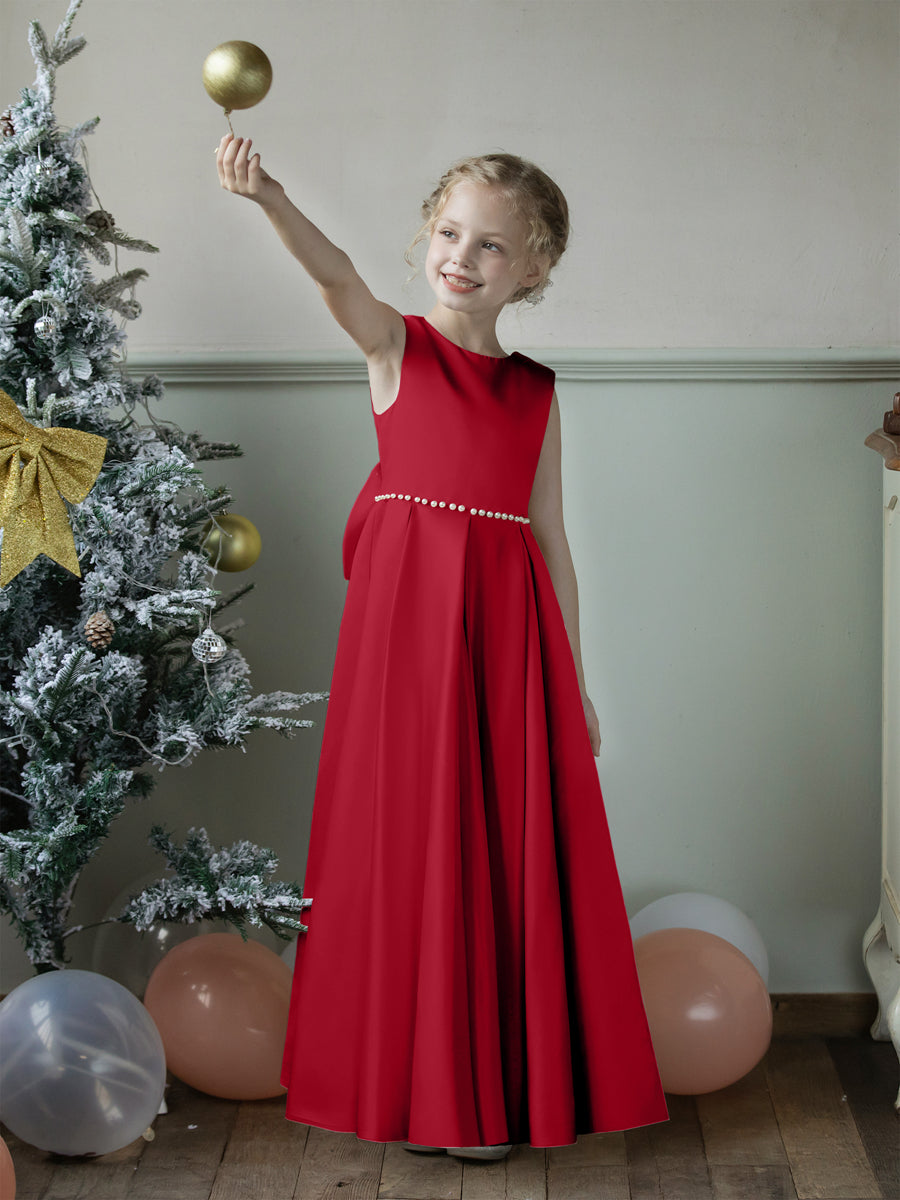 Crew Neck Satin Flower Girl Dresses with Pearls &amp; Bowknot
