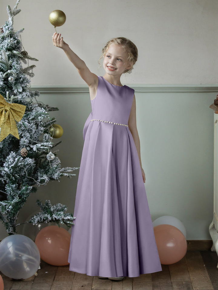 Crew Neck Satin Flower Girl Dresses with Pearls &amp; Bowknot