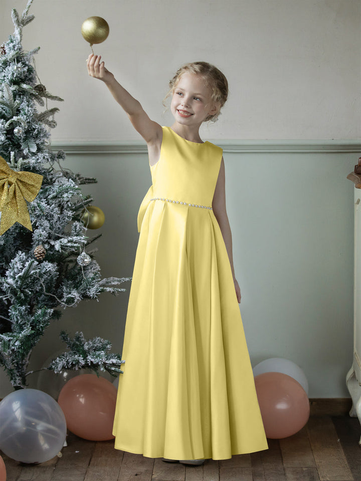Crew Neck Satin Flower Girl Dresses with Pearls &amp; Bowknot