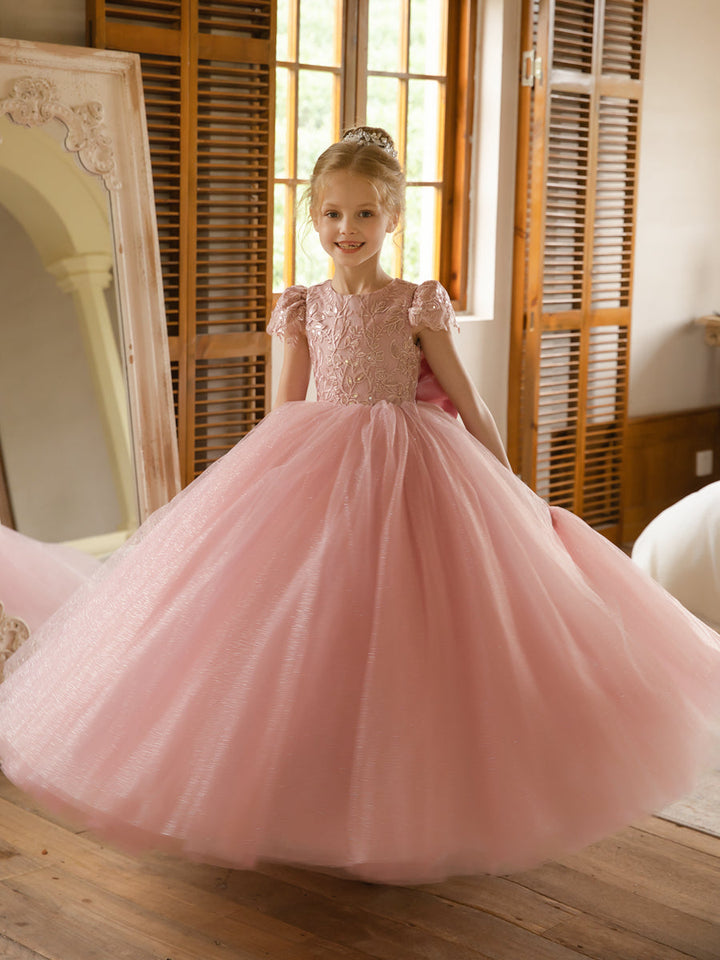 Crew Neck Tulle Flower Girl Dresses with Applique &amp; Satin Bowknot