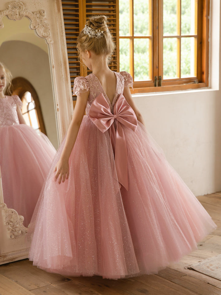 Crew Neck Tulle Flower Girl Dresses with Applique &amp; Satin Bowknot