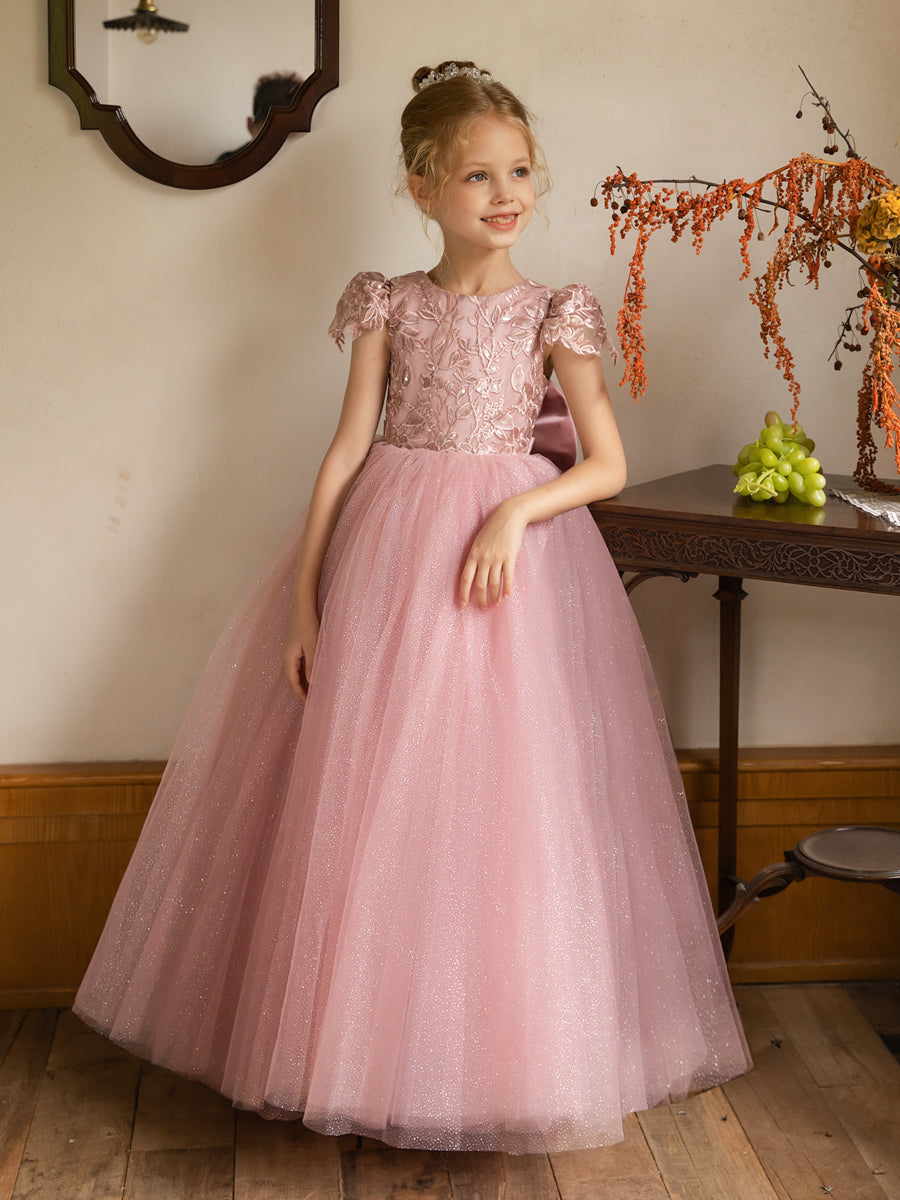Crew Neck Tulle Flower Girl Dresses with Applique &amp; Satin Bowknot