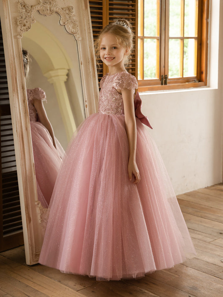 Crew Neck Tulle Flower Girl Dresses with Applique &amp; Satin Bowknot