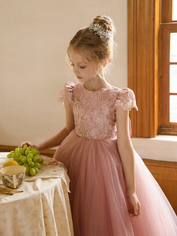 Crew Neck Tulle Flower Girl Dresses with Applique &amp; Satin Bowknot